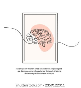 One line brain sketch poster drawing with frame. Abstract minimal continuous line wall decor.