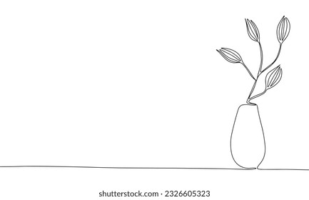 One Line Branch with leaves in vase Vector Drawing. Style Template Flower in vase. Modern Minimalist Simple Linear Style. 