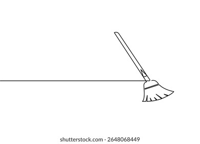 Uma linha vetor vassoura ilustração simples mínima ferramenta de limpeza ícone no esboço moderno