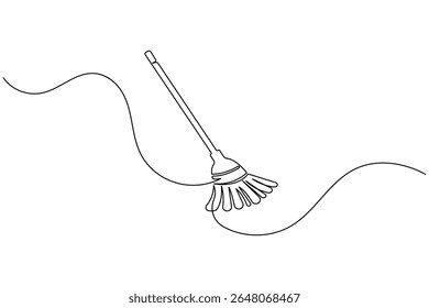 Uma linha vetor vassoura ilustração simples mínima ferramenta de limpeza ícone no esboço moderno