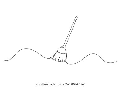 Uma linha vetor vassoura ilustração simples mínima ferramenta de limpeza ícone no esboço moderno
