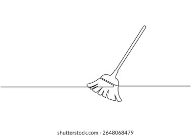 Uma linha vetor vassoura ilustração simples mínima ferramenta de limpeza ícone no esboço moderno