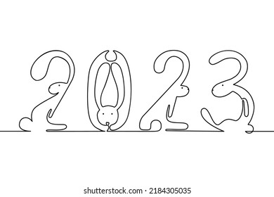 Una línea contiene una ilustración dibujada a mano. Siluetas de conejo de Año Nuevo 2023. Hares. Vector 