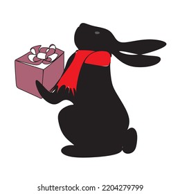 One Line Bunny Rabbits Print Art . Snowmanone line illustration. Minimal Line drawing. Line Vector illustration. Year of the Black Water Rabbit. New Year. Christmas. Black and White.