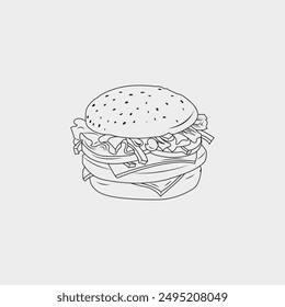 One line Burger Menu artwork. One line continuous cheeseburger symbol concept. Silhouette of fast food restaurant burger with cheese salad buns.