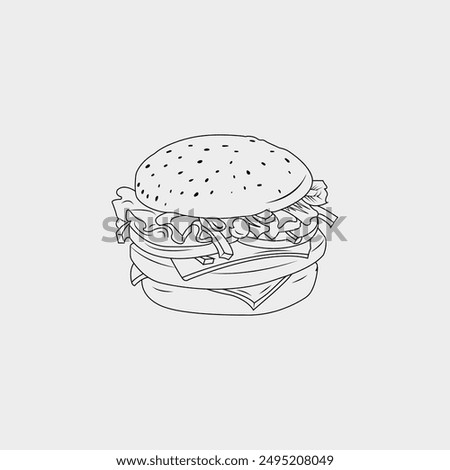 One line Burger Menu artwork. One line continuous cheeseburger symbol concept. Silhouette of fast food restaurant burger with cheese salad buns.