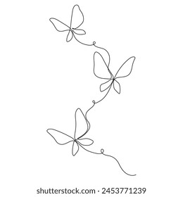 One line butterfly illustration. Outline flying insects. Continuous single hand drawn sketch. Summer symbol in trendy doodle style