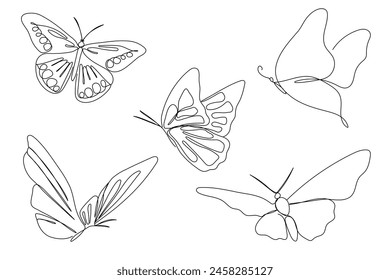 One line butterfly sketches set. Single line hand drawn illustration. Summer symbol in doodle vector style
