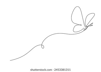 One line butterfly vector illustration. Outline animal. Continuous single hand drawn sketch. Summer insect in trendy doodle style