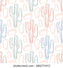 Cactus de una línea sin fisuras en estilo abstracto. Fondo de patrón floral de vector circular. Impresión de estilo escandinavo.