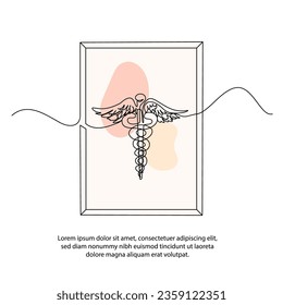 One line the caduceus poster drawing with frame. Abstract minimal continuous line wall decor.