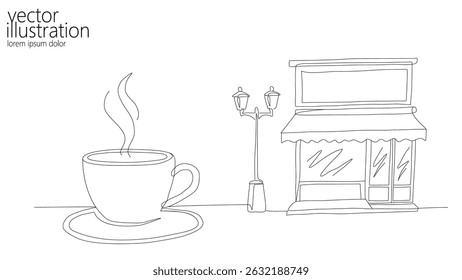One line cafe street scene illustration. Continuous line coffee shop exterior architecture art. Restaurant coffee breakfast cityscape design. Minimalist style simple white background vector