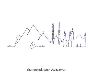 One line  Cairo skyline. Simple modern minimaistic style vector. One single line drawing of Cairo city skyline, Egypt. Historical town landscape postcard print. Best holiday destination. 