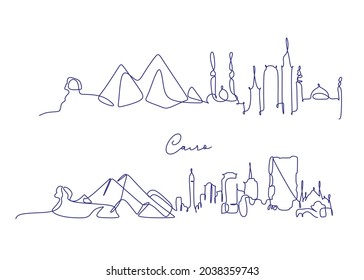 One line  Cairo skyline. Simple modern minimaistic style vector. One single line drawing of Cairo city skyline, Egypt. Historical town landscape postcard print. Best holiday destination. 