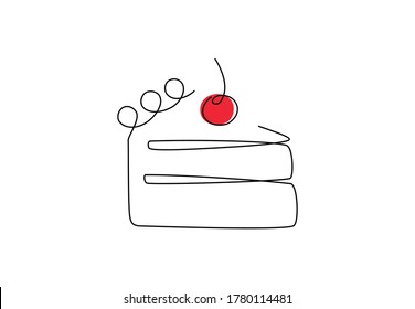 One line cake with red cherry. Hand drawn piece of cake and cherry in modern style for logo. Minimalistic poster. Vector illustration