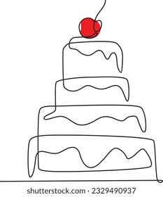 One line cake with red cherry.anniversary cake.  Vector illustration