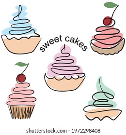 One line cake set. Vector. Various pastries with cream. Cakes, black line and colored spots. Simple illustration of sweets. Line art style.
