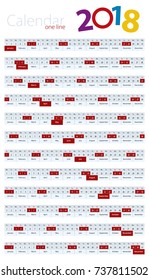 One line calendar 2018, for design wall and desk calendars. Vector Template.