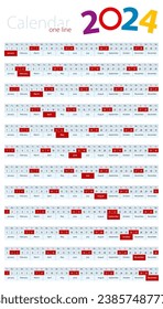 One line calendar 2024, for design wall and desk calendars. Vector Template.