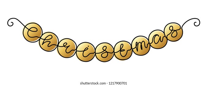 One line calligraphic inscription "Christmas" with golden beads. Holiday vector illustration. 