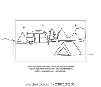 One line of camping activity poster drawing with a beautiful frame. Abstract minimal continuous line wall decor.
