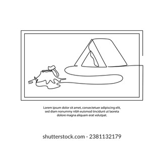 Eine Reihe von Campingplakaten mit schönem Rahmen. Abstrakte minimale kontinuierliche Wanddekoration.