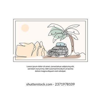 One line camping car poster drawing with a beautiful frame. Abstract minimal continuous line wall decor.