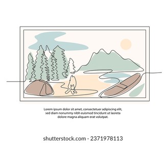 Cartel de una línea de camping con un bello marco. Resumen de decoración minimalista de paredes de línea continua.