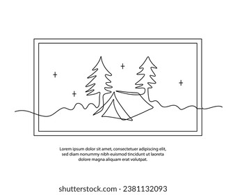 One line of camping tent poster drawing with a beautiful frame. Abstract minimal continuous line wall decor.