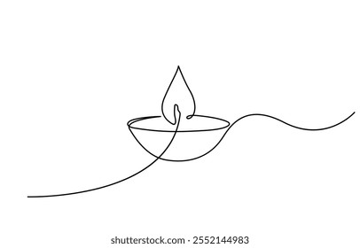 Una línea de vela diwali aislado en el fondo blanco, una línea continua que dibuja la lámpara de aceite, llama ardiente de la vela. Línea de contorno negro simple gráfico minimalista Ilustración vectorial aislada.