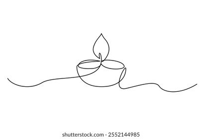 Uma linha de vela diwali isolado no fundo branco, contínuo uma linha que desenha a lâmpada de óleo, vela queima chama. Linha de contorno preto ilustração de vetor isolada gráfica minimalista simples.