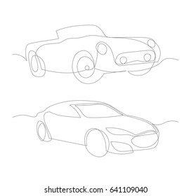 One Line Cars Design Silhouette. Vector Hand Drawn Minimalistic Set Illustration.