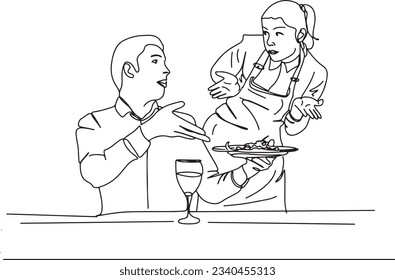 One Line Cartoon: Customer Complaining to Waiter About Bad Food in Restaurant, Continuous Sketch: Man Voicing Complaint to Waiter in Restaurant Cartoon