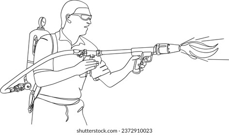 Dibujo de caricaturas de una línea: Ilustración de un arma flametrower de hombre, icono flametrower: Vector de silueta de guerrero invencible, ilustración vectorial de soldado con arma flametrower