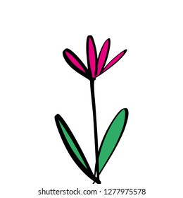 One line cartoon flower art, isolated decor element. Funny nursery style. Doodle illustration