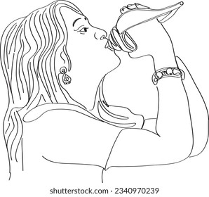 One Line Cartoon of Women Blowing Conch Shells, Spiritual Serenade: One Line Drawing of Hindu Women Playing Shankh