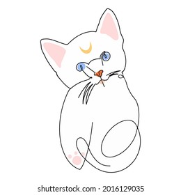Un gato de línea con luna en la frente aislado en blanco. Ilustración vectorial para camiseta de impresión, afiche, tarjeta, niños