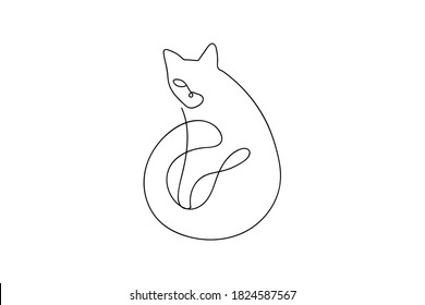 One line cat silhouette design. Trendy continuous line art vector illustration with sitting cat. Geometric template for tattoos, cards, posters, logos etc. Abstract minimalism cat drawing concept.