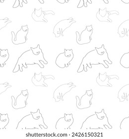 one line cats vector illustration seampless pattern black and white doodle sketch pets kids animals lying sitting kitten outline textile design, wrapping paper, printable repeatable home pets