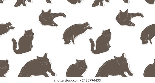 one line cats vector illustration seampless pattern black and white doodle sketch pets kids animals lying sitting kitten outline textile design, wrapping paper, printable repeatable home pets