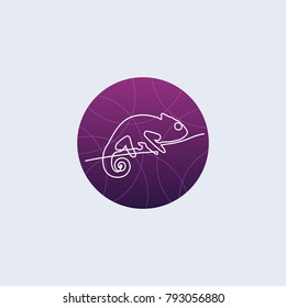 One line chameleon logo. Minimalistic illustartion on purple background