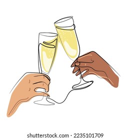 One line champagne glasses clink.Two hands cheering  with glasses of wine vector illustration.Cheers,hand holding holiday drinks, continuous line drawing. Minimalist linear concept of celebrate