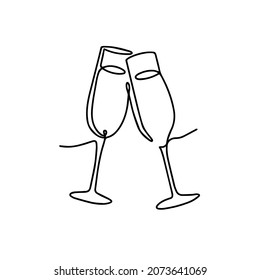 Gafas de champán de una línea. Parejas de vino lineales continuas se aferran. Animación de la fiesta de bodas. Concepto vectorial de celebración del año nuevo mínimo