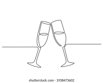 Brasa de champán de una línea. Parejas de vino lineales continuas se aferran. Animación de la fiesta de bodas. Concepto de vector de celebración de año nuevo mínimo