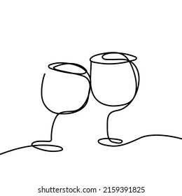 One line champagne toast. Continuous linear couple wine glasses clink. Wedding party cheers. Minimalist new year celebration vector concept
