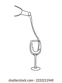 One line champagne toast. Continuous linear couple wine glasses clink. Wedding party cheers. Minimalist new year celebration vector concept. Wine is poured into a glass