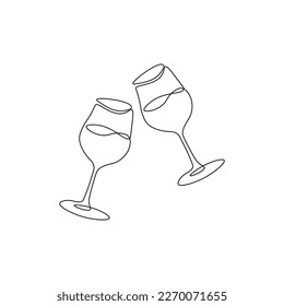 One line champagne toast. Continuous linear couple wine glasses clink. Wedding party cheers. Minimalist new year celebration vector concept
