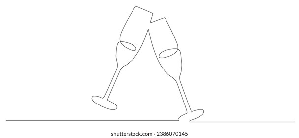 One line champagne toast. Continuous linear couple wine glasses clink. Wedding party cheers. Minimalist new year celebration vector concept.