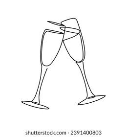 One line champagne toast. Continuous linear couple wine glasses clink. Wedding party cheers. Minimalist new year celebration vector concept. Wine is poured into a glass