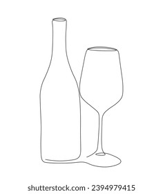 One line champagne toast. Continuous linear couple wine glasses clink. Wedding party cheers. Minimalist Christmas, New Year celebration vector concept. 